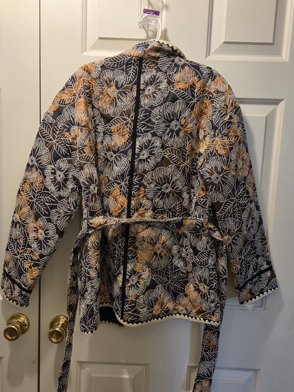 7 For All Mankind Floral Quilted Belted Jacket - Black, Orange, White - Picture 2 of 4